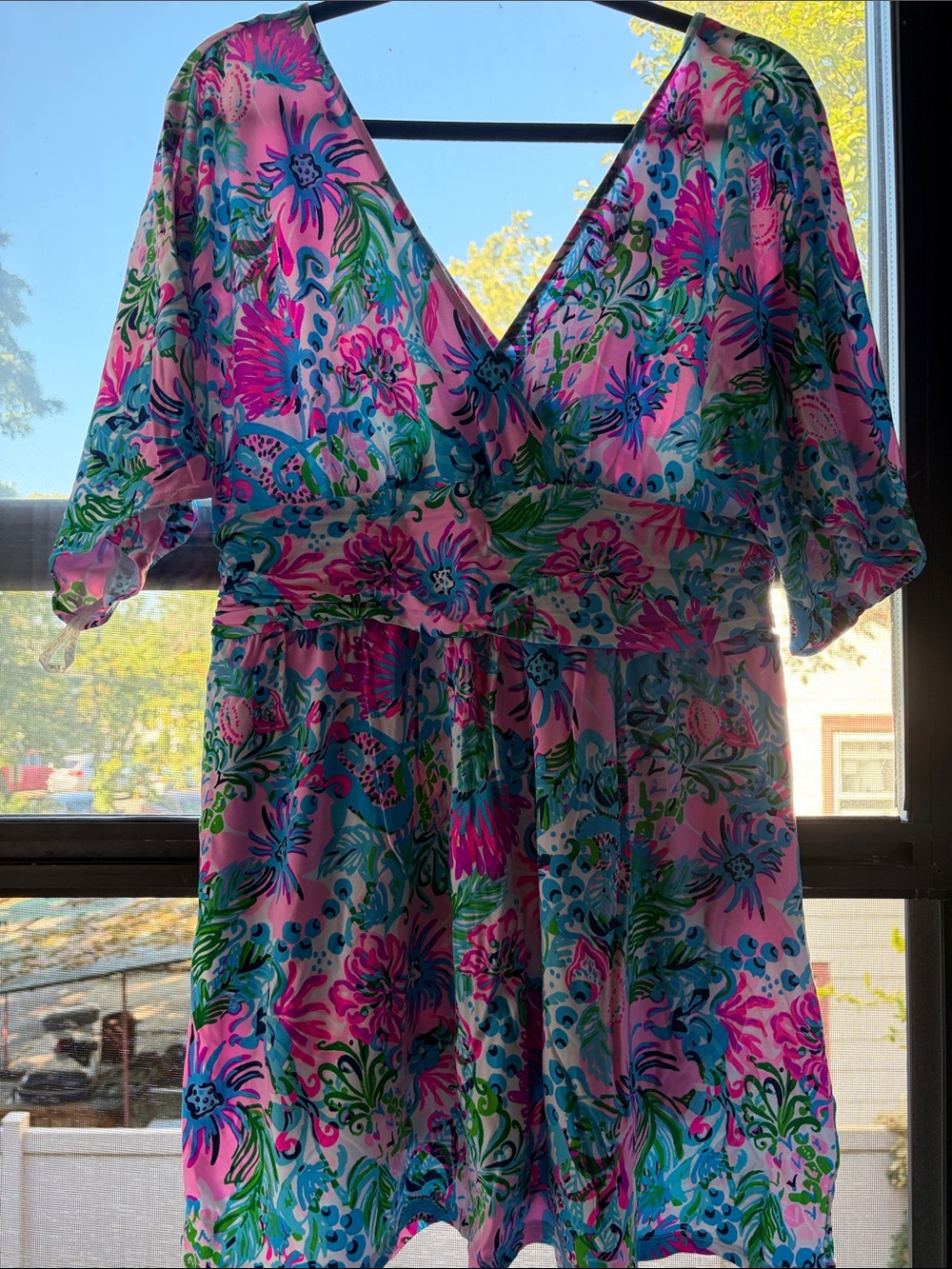 Lilly Pulitzer Pink Floral V-Neck One-Piece Romper with Blue & Green Accents
